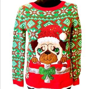 Pretty, ugly sweater youth XL PUG DOG VGUC Christmas party red green